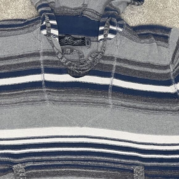 RETROFIT Hooded Striped Pullover Sweater Kangaroo Pocket Small Gray Blue - Picture 3 of 7
